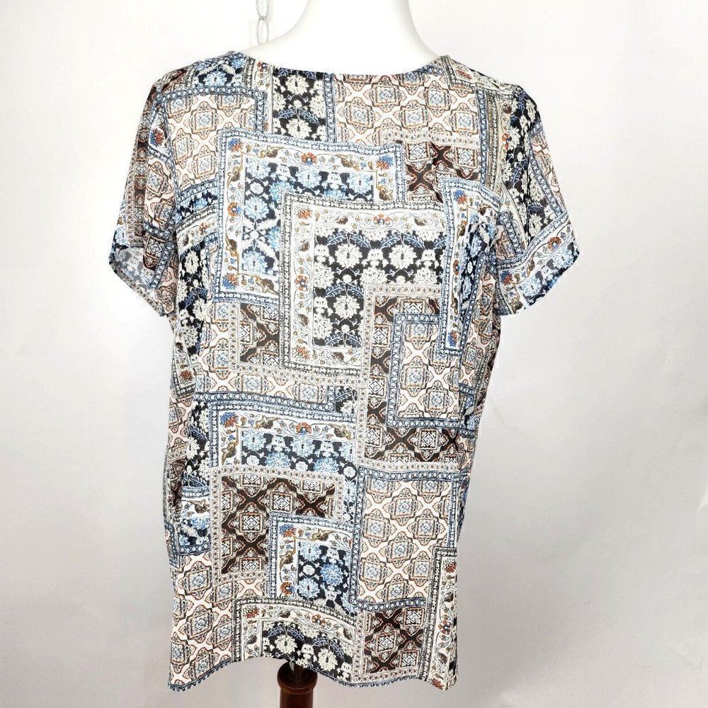 J. Jill Short Sleeve Sheer Multicolored Print Polyester High Low Top Womens M